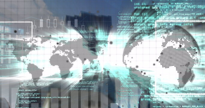 Image of world map and globe with data processing and light trails over cityscape - Powered by Adobe