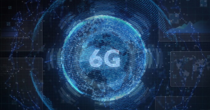 Image of spinning globe and 6g text over dark background