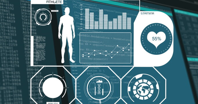 Displaying digital athlete interface on virtual screen, with silhouette graphic and stamina gauge - Powered by Adobe