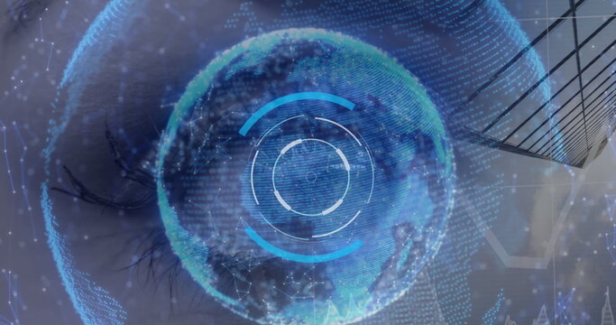 Image of scope scanning, globe and networks of connections over eye of caucasian woman