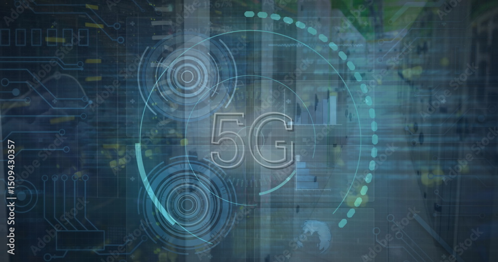 Poster image of data processing and scope scanning with 5g text over server room