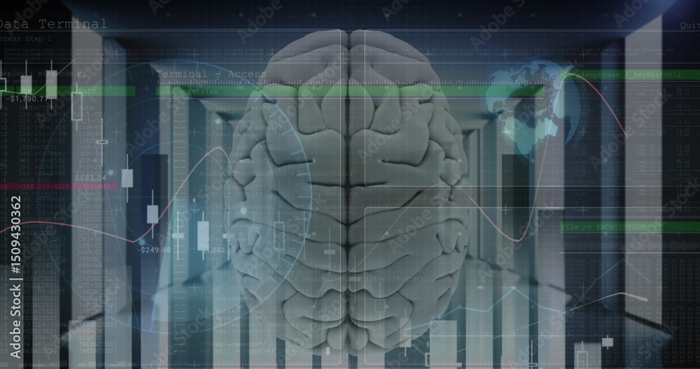 Poster image of data processing and scope scanning with digital brain over server room