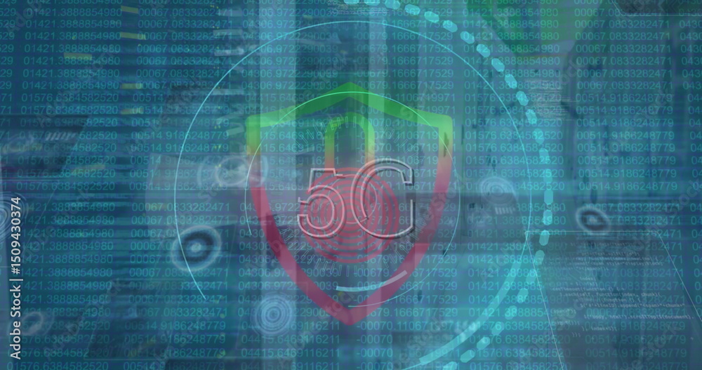 Poster image of data processing, padlock icon and scope scanning with 5g text over server room