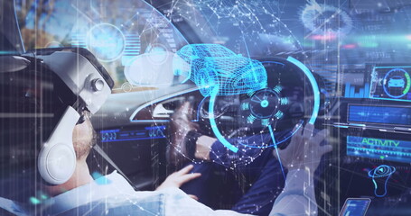 Image of data processing over caucasian man wearing vr headset sitting in car