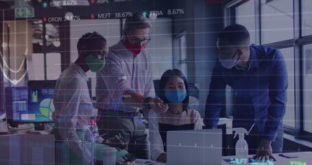 Stock market data processing over diverse office colleagues wearing face masks discussing at office