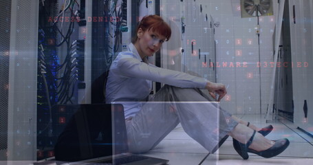 Image of data processing over caucasian businesswoman in server room