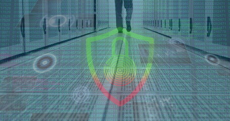 Image of data processing and padlock icon over caucasian businessman in server room