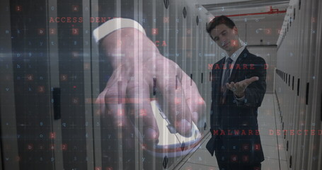 Image of data processing over businessman and computer servers