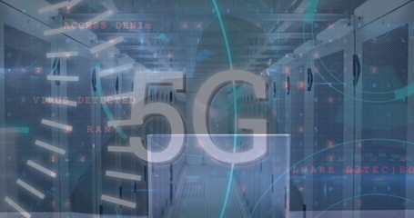 Image of data processing over caucasian male hacker in server room