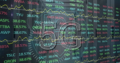 Image of stock market and scope scanning with 5g text over server room