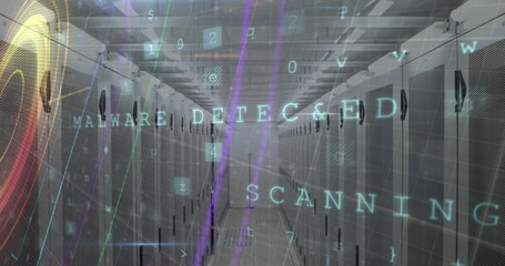 Image of data processing and neon shapes over server room