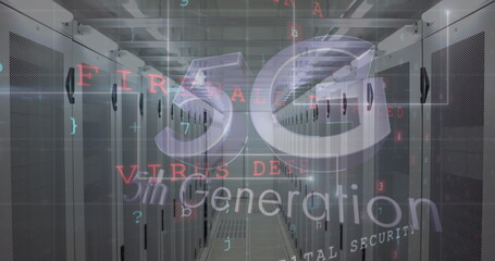 Image of data processing and 5g 5th generation text over server room