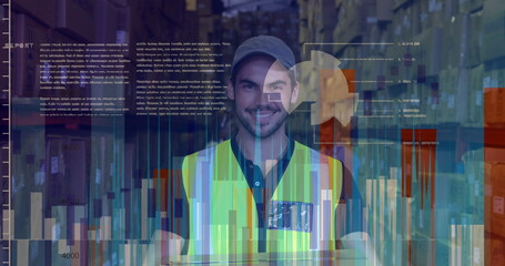Image of data processing over caucasian male worker holding a delivery box smiling at warehouse
