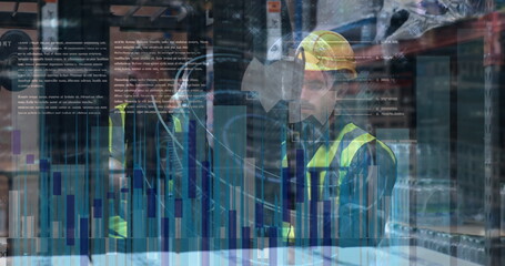 Image of statistical data processing over two male workers discussing at warehouse