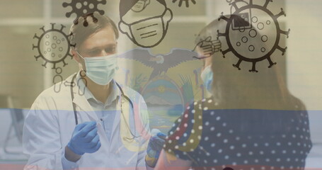 Image of virus cells over caucasian male doctor holding vaccine