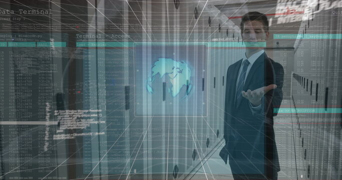 Image of network of connections and binary coding and data processing over purple background
