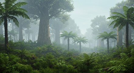 A misty forest scene with tall trees and ferns covering the ground under a hazy atmospheric light