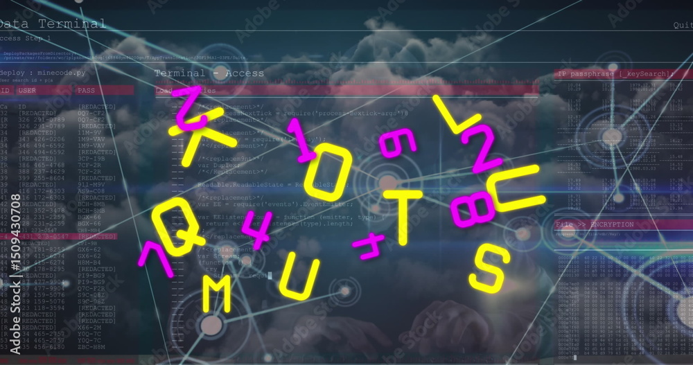 Poster image of multiple numbers and alphabets over data processing against clouds in the sky