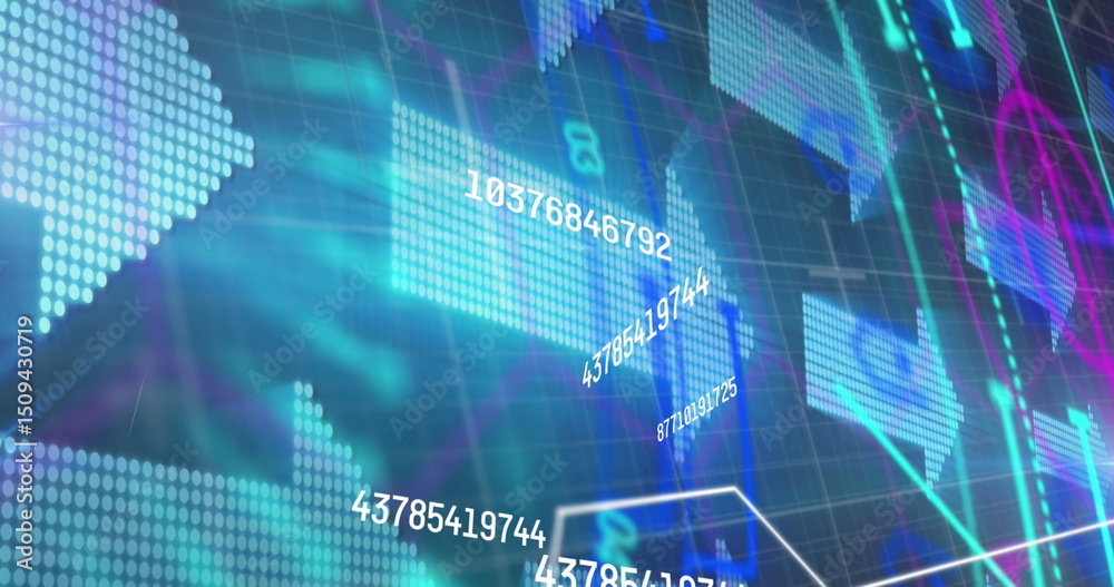 Poster image of data processing and statistics over grid on blue background