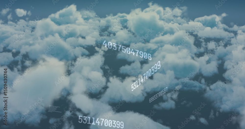 Poster image of multiple changing numbers floating over clouds in the sky
