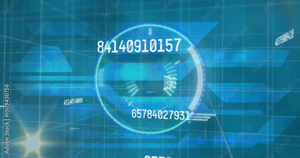 Poster image of multiple changing numbers and spot of light over round scanner against blue background