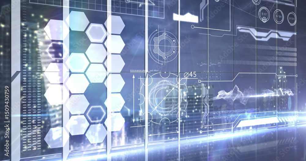 Poster image of digital interface with data processing against blue background
