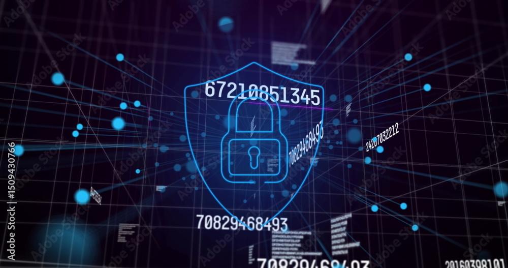 Poster image of data processing and digital shield with padlock on black background