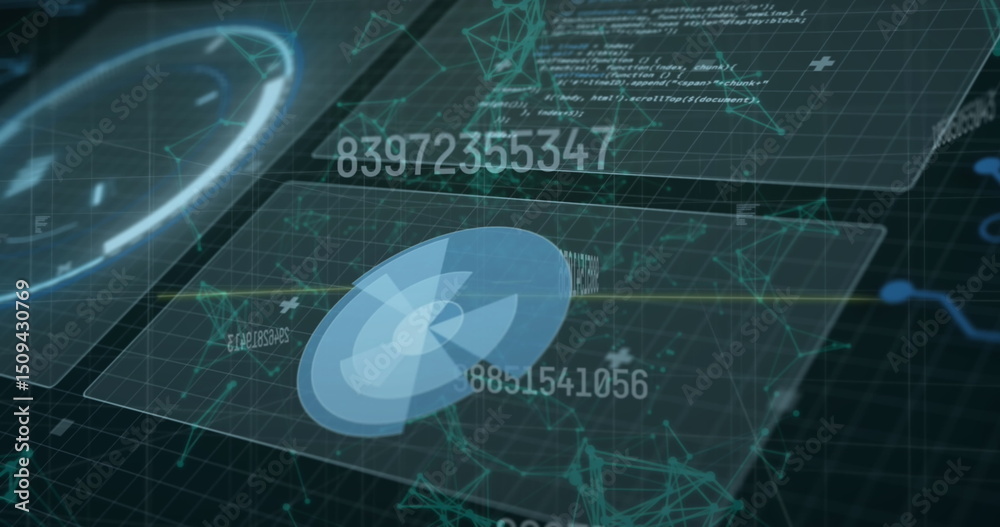 Poster image of multiple changing numbers over interface with data processing against blue background
