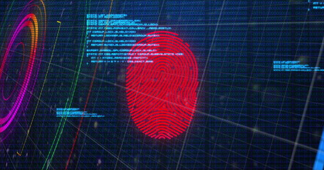Image of data processing, fingerprint and colorful shapes on navy background