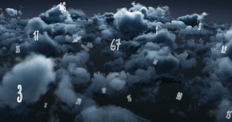 Image of multiple numbers floating over dark clouds in the sky