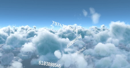 Image of changing numbers and data processing against clouds in the sky