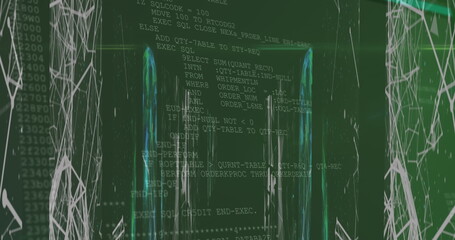 Image of data and shapes on black and green background