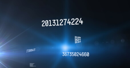 Image of multiple changing numbers floating over blue spot of light against black background