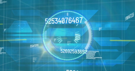 Image of data processing, numbers and lights on blue digital screen