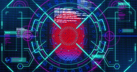 Image of data processing, fingerprint and neon shapes on navy background