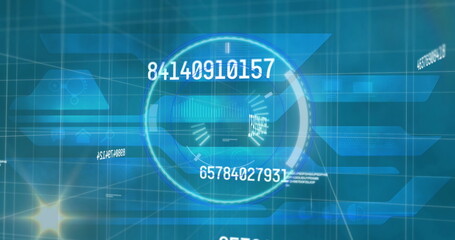 Image of multiple changing numbers and spot of light over round scanner against blue background