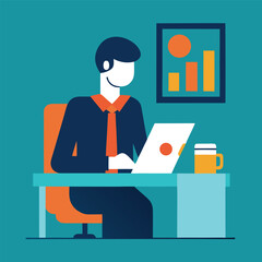 Cartoon vector illustration of business people working in an office with computers and laptops