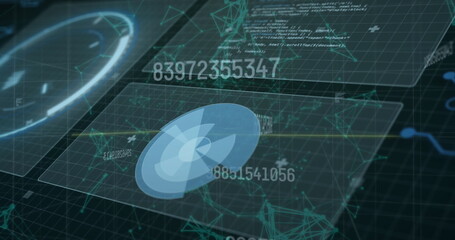 Image of multiple changing numbers over interface with data processing against blue background