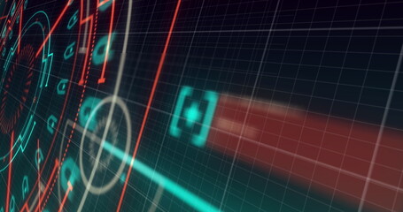 Image of data processing and neon shapes on black background