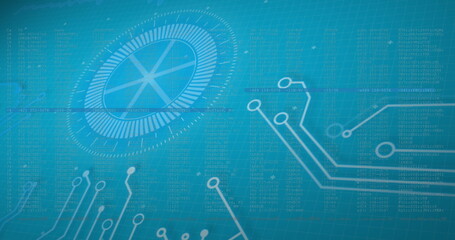 Image of data processing and integrated circuit on blue digital screen
