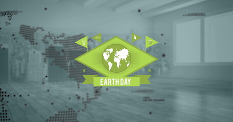 Image of earth day text over globe, data processing and empty room