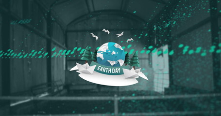 Image of earth day text over data processing and empty room