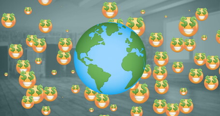 Image of globe and emoji icons over cityscape