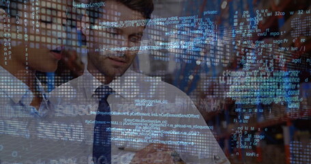 Image of data processing over diverse male and female supervisors discussing at warehouse