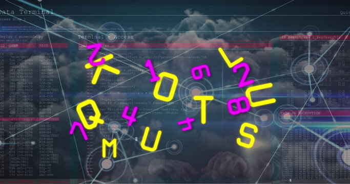 Image of multiple numbers and alphabets over data processing against clouds in the sky