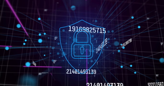 Image of data processing and digital shield with padlock on black background