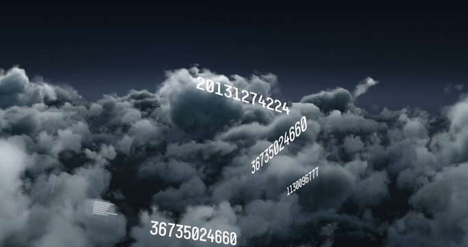 Image of multiple changing numbers floating over dark clouds in the sky