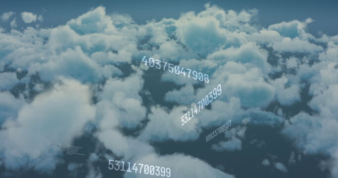 Image of multiple changing numbers floating over clouds in the sky
