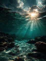 Obraz na płótnie Canvas Underwater top-lit view showing light rays and surface shimmer