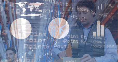 Image of data processing over diverse business people in warehouse